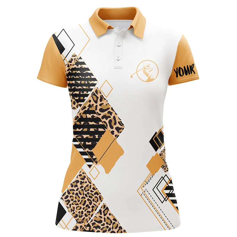 Multicolor Women Golf Polo White Shirt Leopard Pattern Custom Name Golf Gift For Women