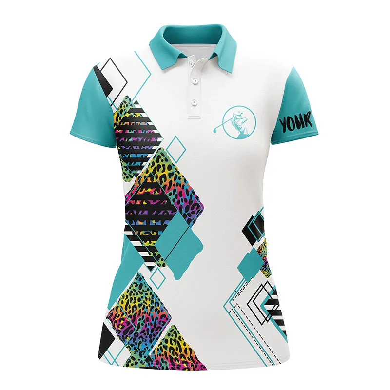 Multicolor Women Golf Polo White Shirt Leopard Pattern Custom Name Golf Gift For Women