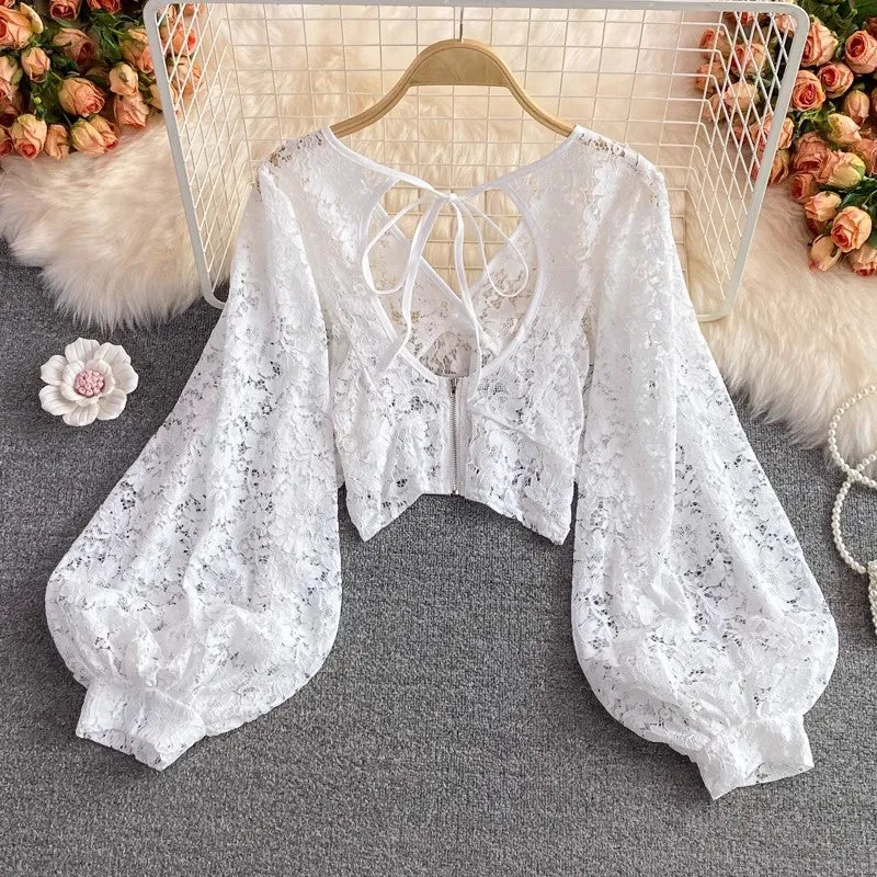 new elegant V-neck lace shirt long-sleeved shirt backless short top for women     S3988