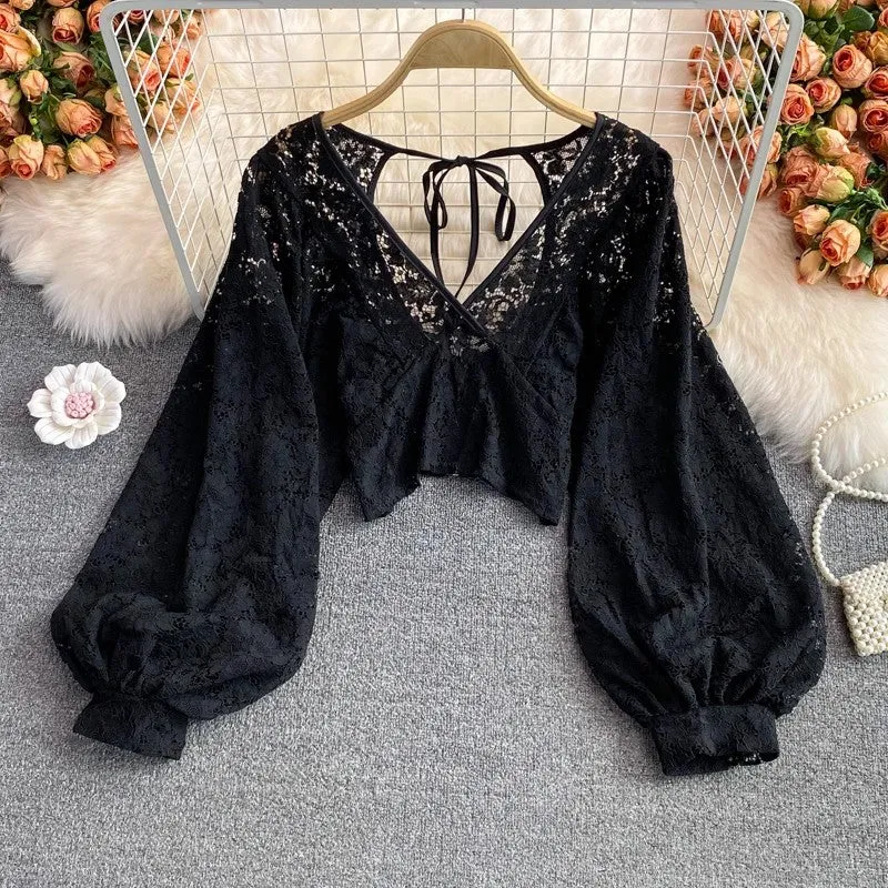 new elegant V-neck lace shirt long-sleeved shirt backless short top for women     S3988