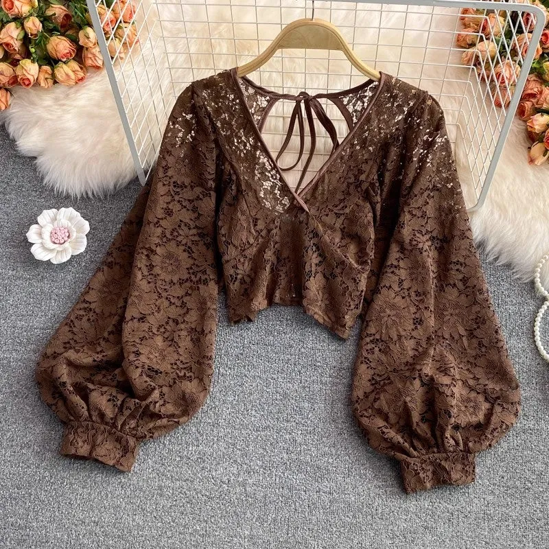 new elegant V-neck lace shirt long-sleeved shirt backless short top for women     S3988