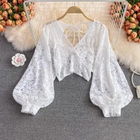 new elegant V-neck lace shirt long-sleeved shirt backless short top for women     S3988