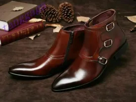 New Handmade High Ankle Real Genuine Leather Boots With Triple Buckle Style