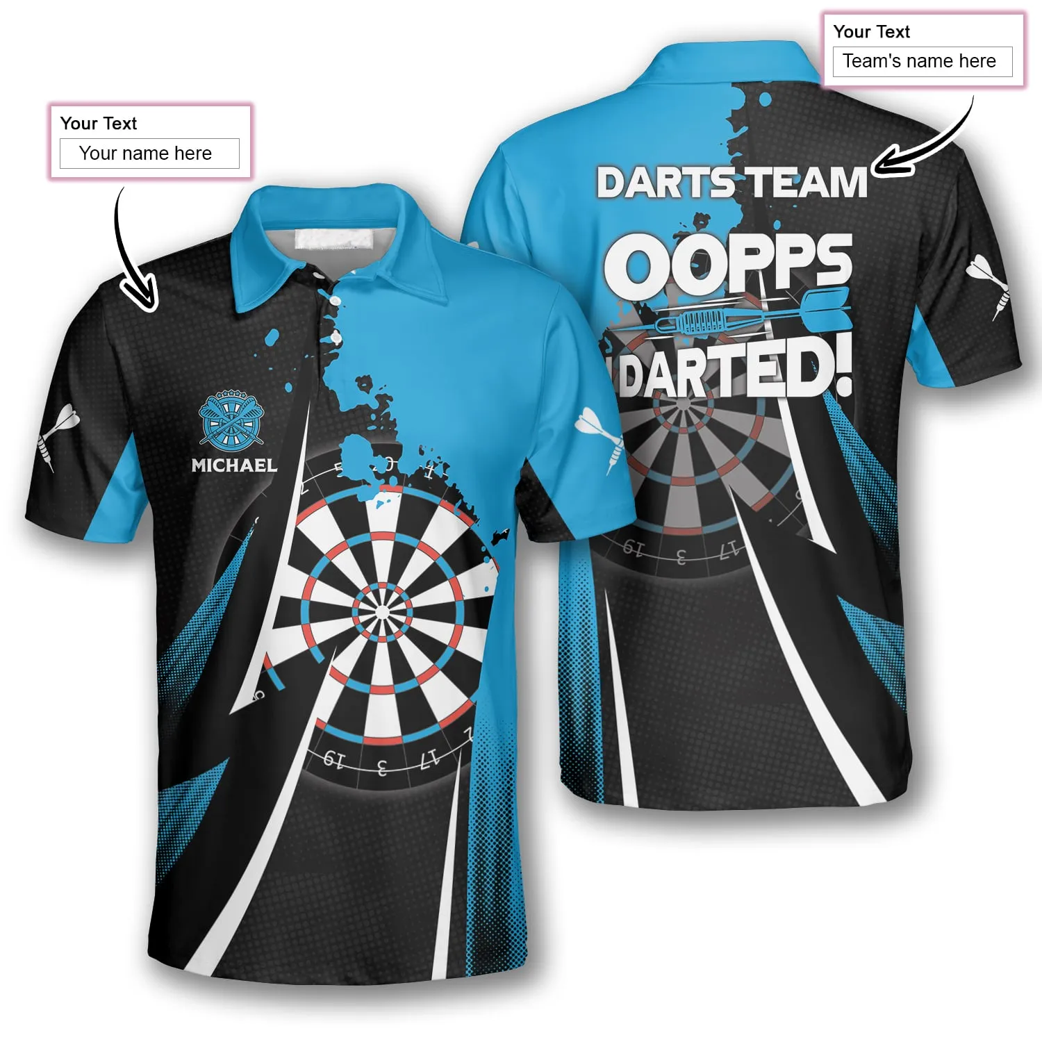 Oopps I Darted Custom Darts Shirts for Men, Black and Blue Dart Polo Shirt