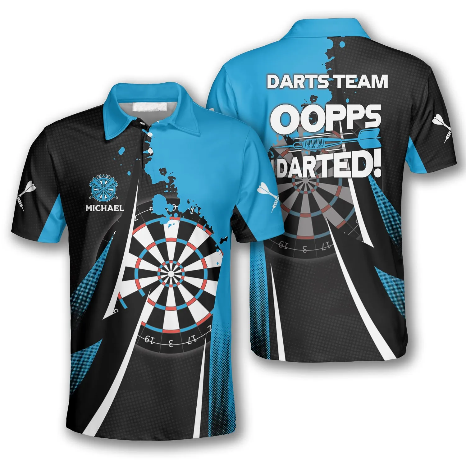 Oopps I Darted Custom Darts Shirts for Men, Black and Blue Dart Polo Shirt