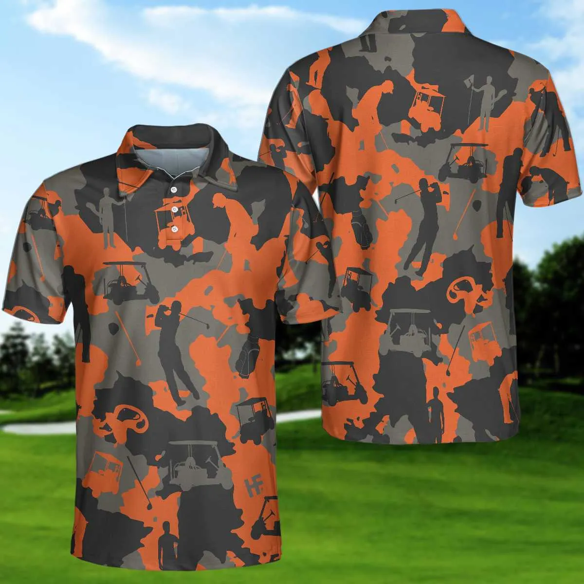 Orange Camouflage Golf Polo Shirt, Golfer Silhouette Pattern Polo Shirt, Camo Golf Shirt For Men Coolspod