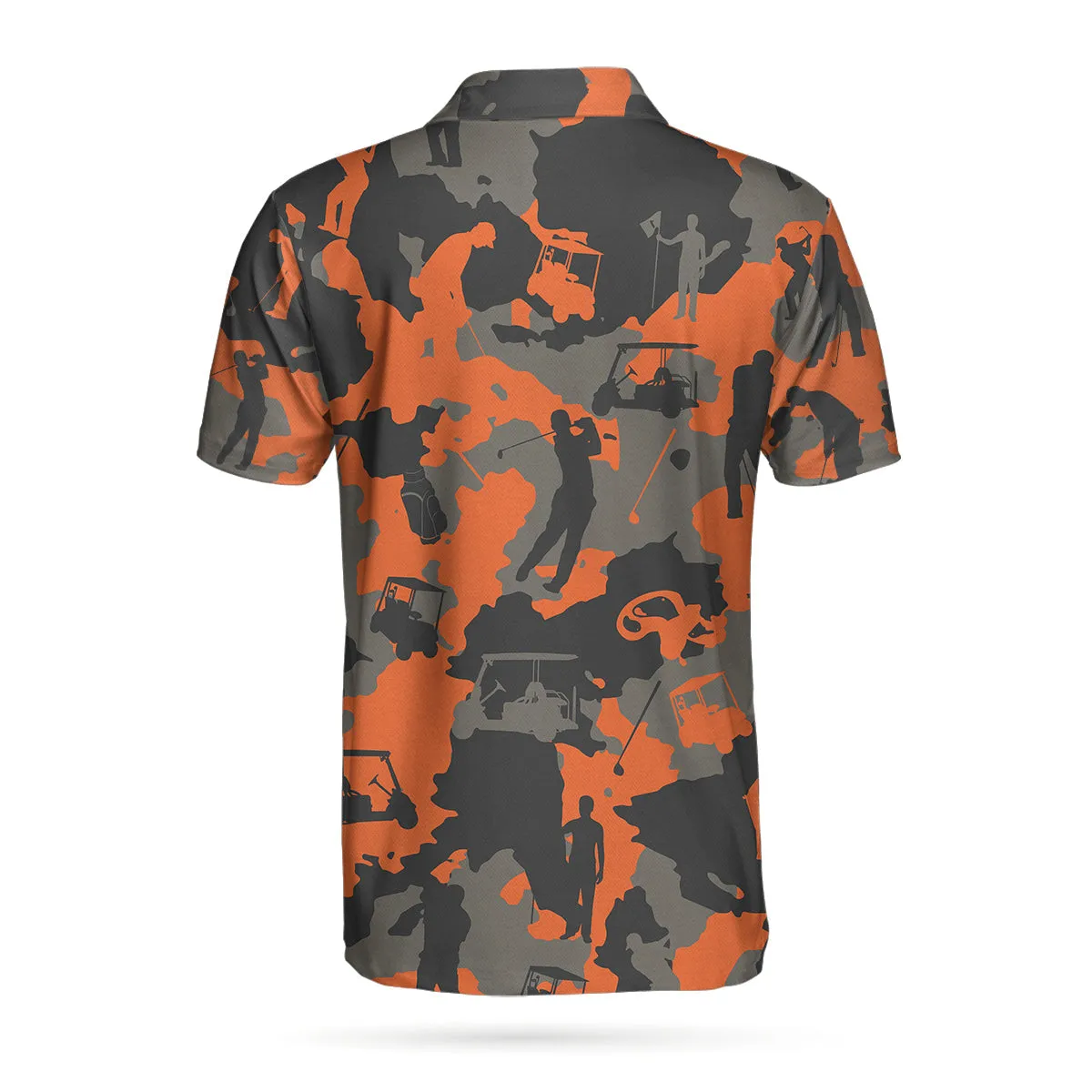 Orange Camouflage Golf Polo Shirt, Golfer Silhouette Pattern Polo Shirt, Camo Golf Shirt For Men Coolspod