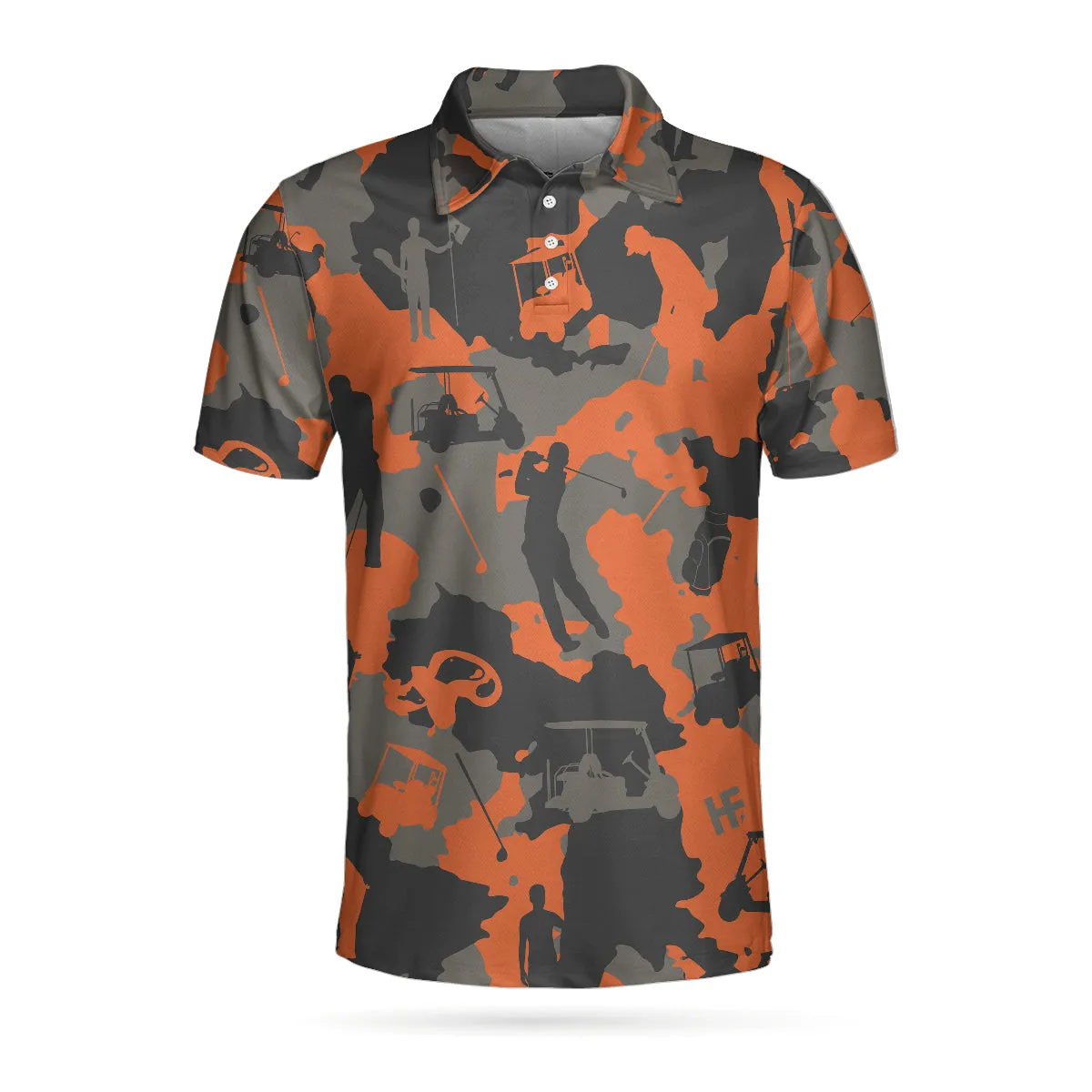 Orange Camouflage Golf Polo Shirt, Golfer Silhouette Pattern Polo Shirt, Camo Golf Shirt For Men Coolspod