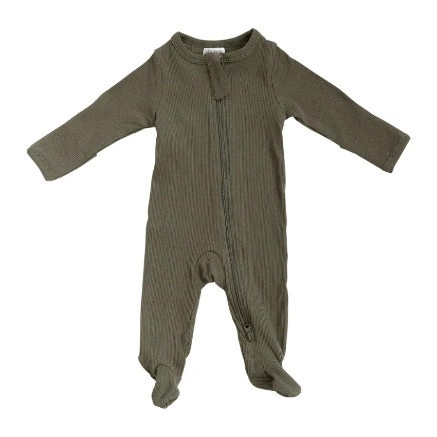 Organic Cotton Ribbed Footed One-Piece Zipper, Winter Green