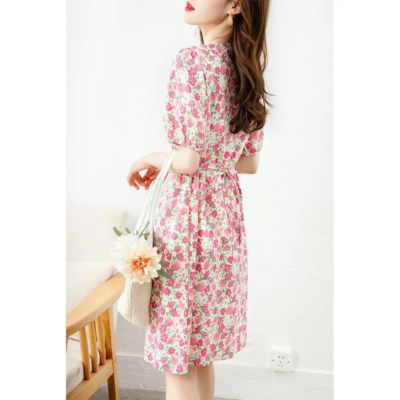 Pastoral Fairy Skirt Retro Floral Print V-Neck Dress