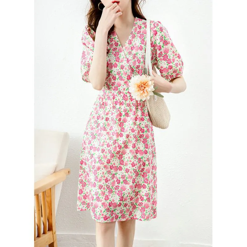 Pastoral Fairy Skirt Retro Floral Print V-Neck Dress