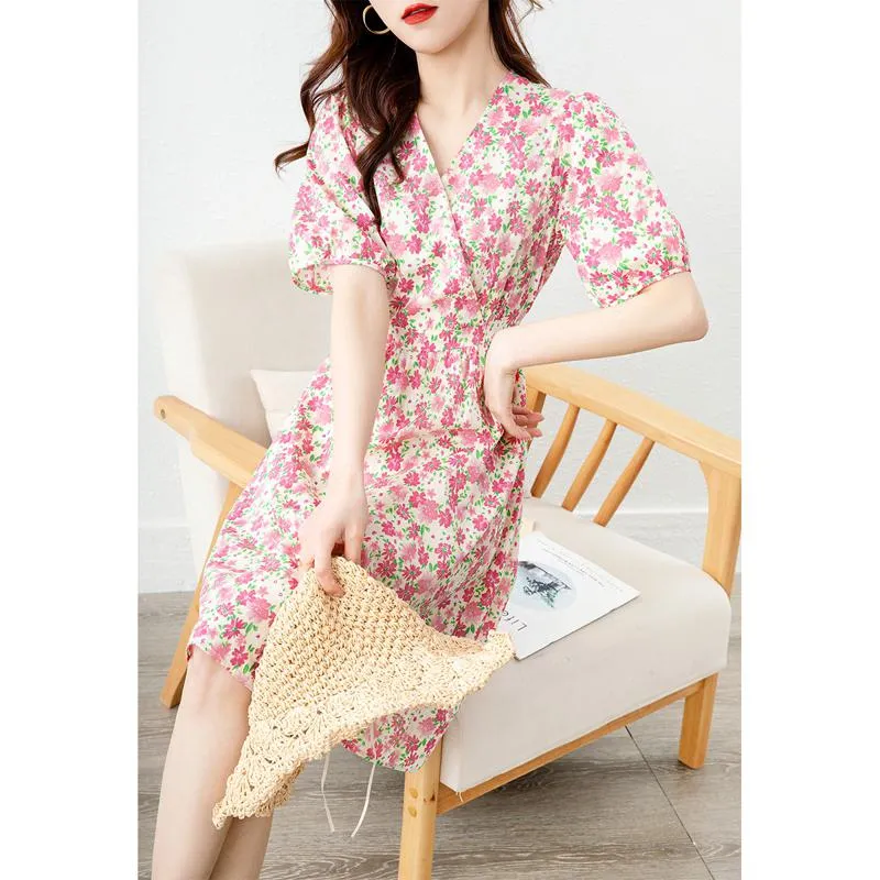 Pastoral Fairy Skirt Retro Floral Print V-Neck Dress