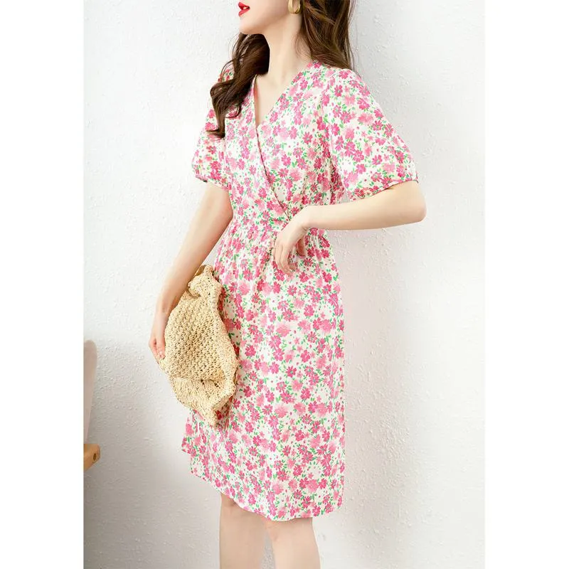 Pastoral Fairy Skirt Retro Floral Print V-Neck Dress