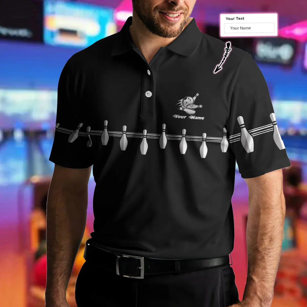 Personalized Name Bowling In Black Custom Polo Shirt, Black Bowling Polo Style Shirt With Name, Bowling Gift Idea Coolspod