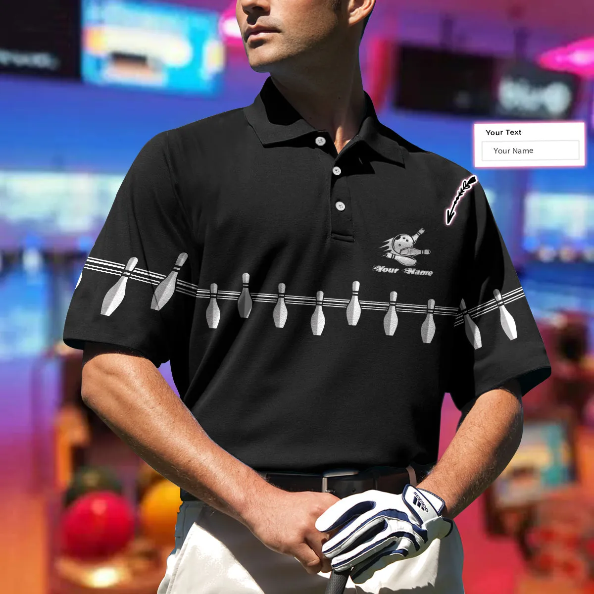 Personalized Name Bowling In Black Custom Polo Shirt, Black Bowling Polo Style Shirt With Name, Bowling Gift Idea Coolspod