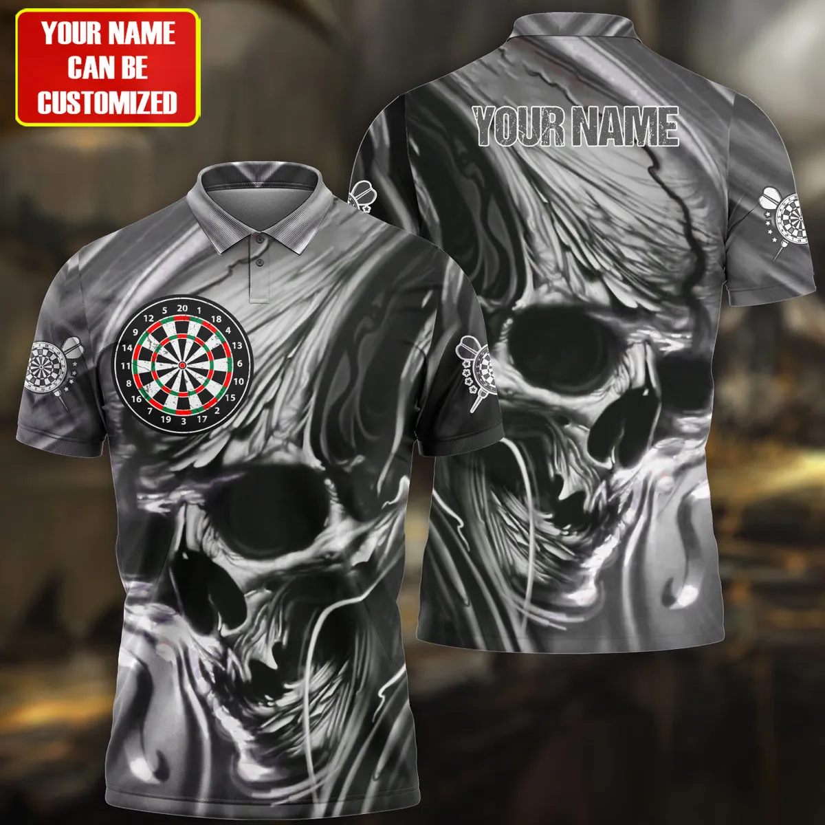 Personalized Name Multi Color Skull Darts Abstract All Over Printed Polo Shirt, Gift for Men