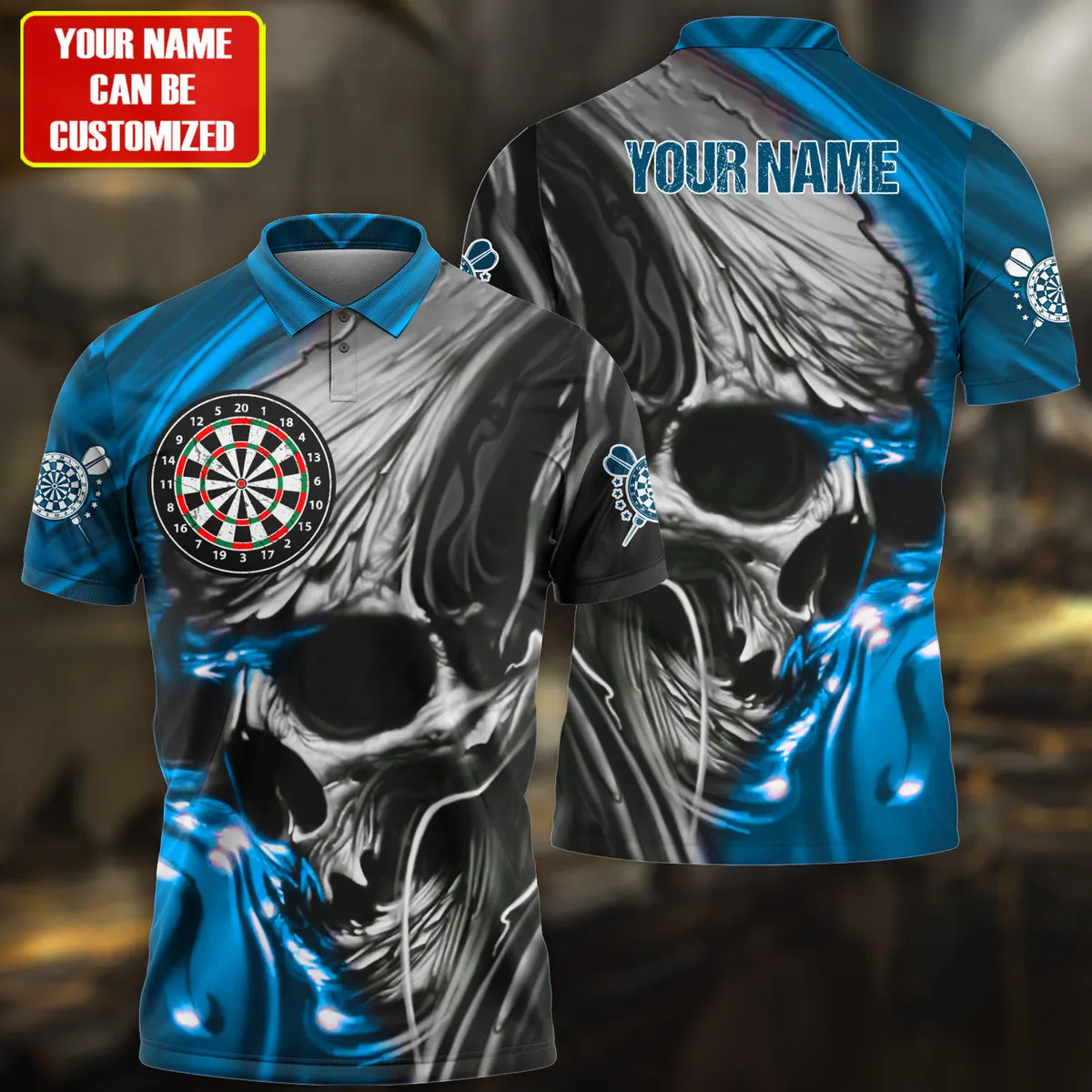 Personalized Name Multi Color Skull Darts Abstract All Over Printed Polo Shirt, Gift for Men