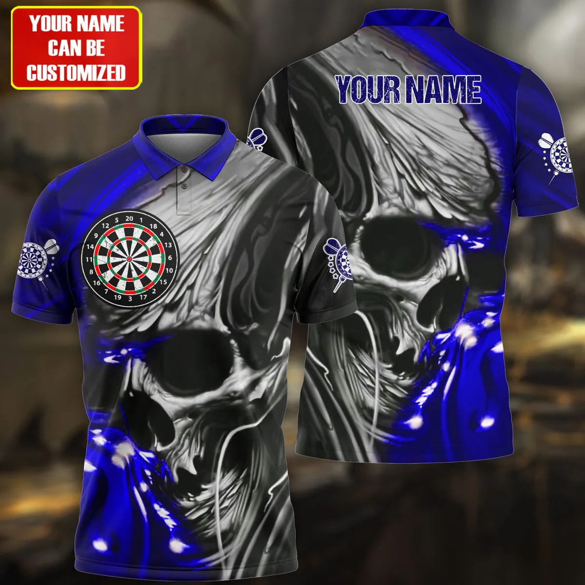 Personalized Name Multi Color Skull Darts Abstract All Over Printed Polo Shirt, Gift for Men