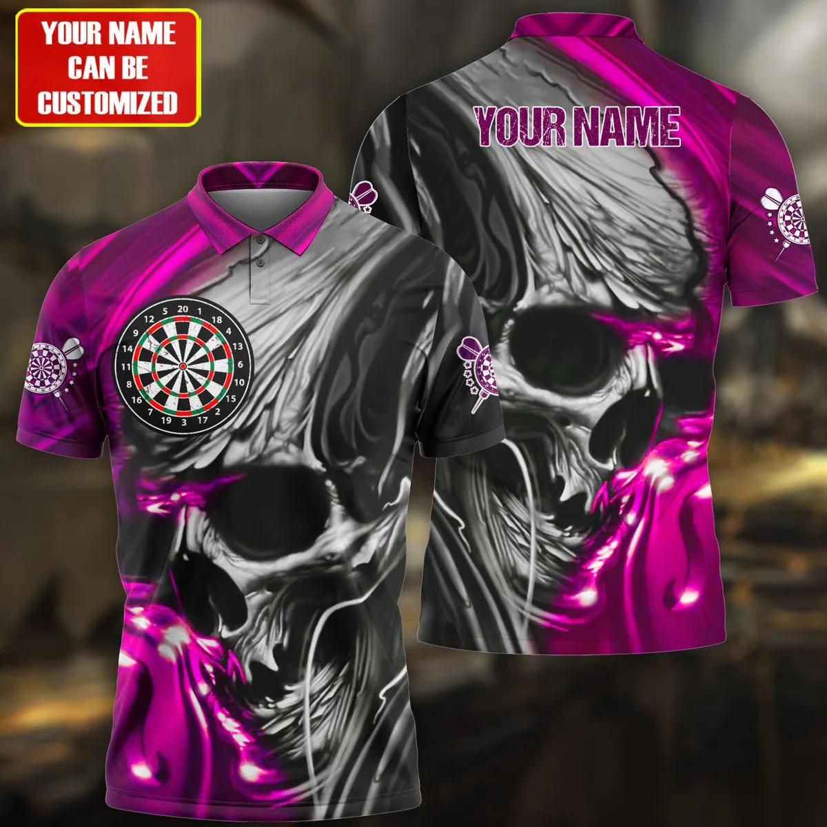 Personalized Name Multi Color Skull Darts Abstract All Over Printed Polo Shirt, Gift for Men