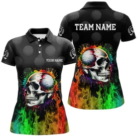 Personalized Women Golf Polos Shirt Custom Rainbow Flame Skull Fire Black Ladies Golf Apparel