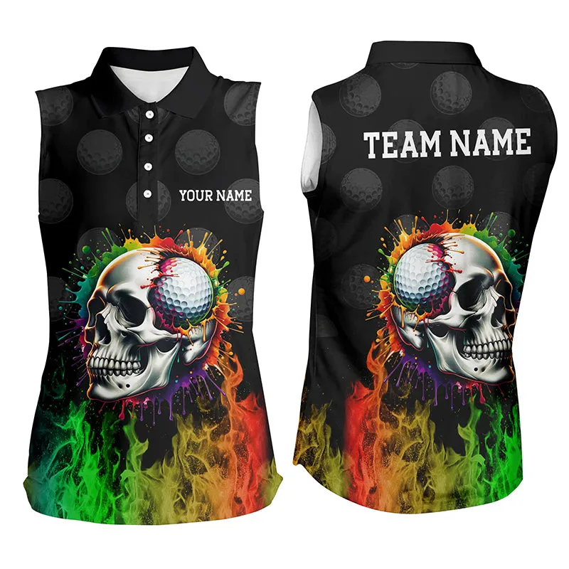 Personalized Women Golf Polos Shirt Custom Rainbow Flame Skull Fire Black Ladies Golf Apparel