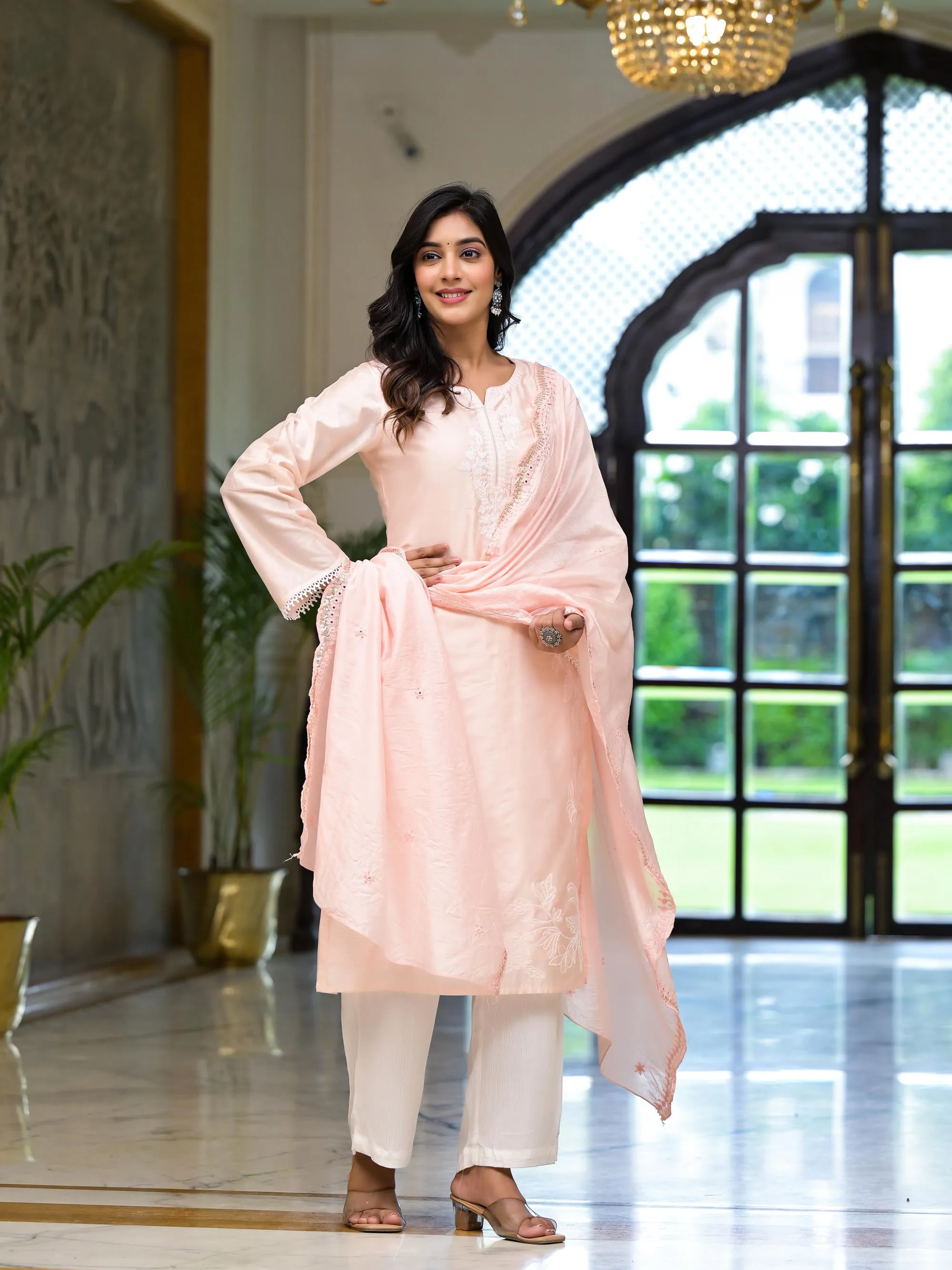 Pink Thread Embroidered Viscose Kurta Palazzo And Dupatta Set With Thread & Mirror Work