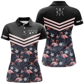 Plan For The Day Coffee Golf Wine Custom Name Womens Golf Polo Shirts Tropical Leaf Flamingo Pattern