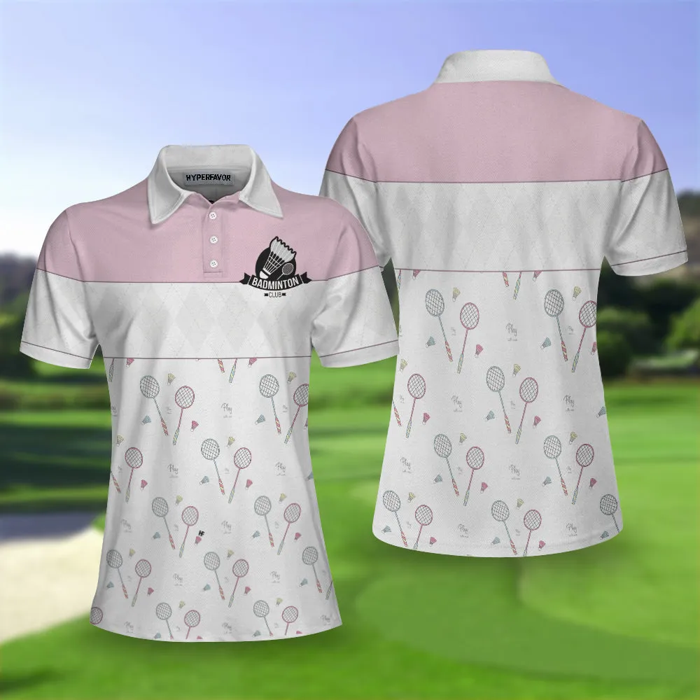 Play With Me Badminton Short Sleeve Women Polo Shirt, White And Pink Badminton Shirt For Women Coolspod