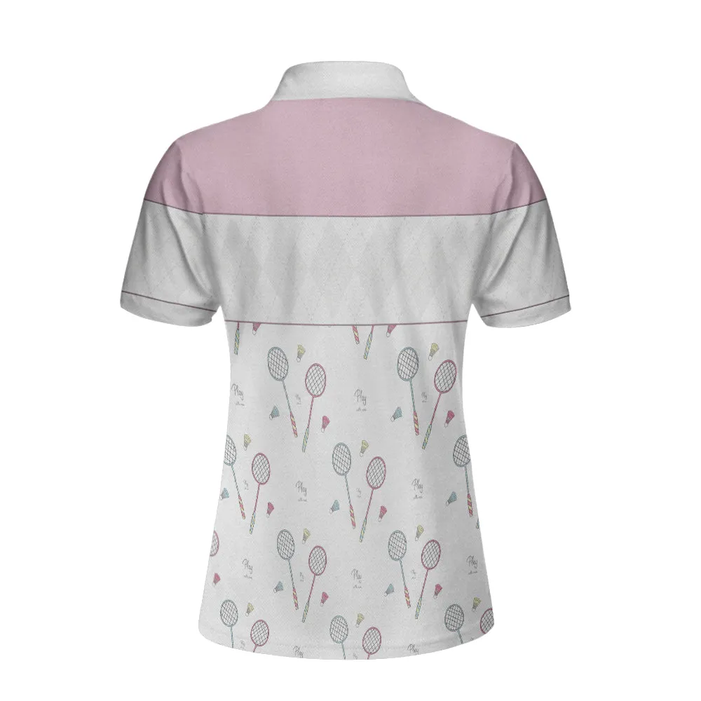 Play With Me Badminton Short Sleeve Women Polo Shirt, White And Pink Badminton Shirt For Women Coolspod