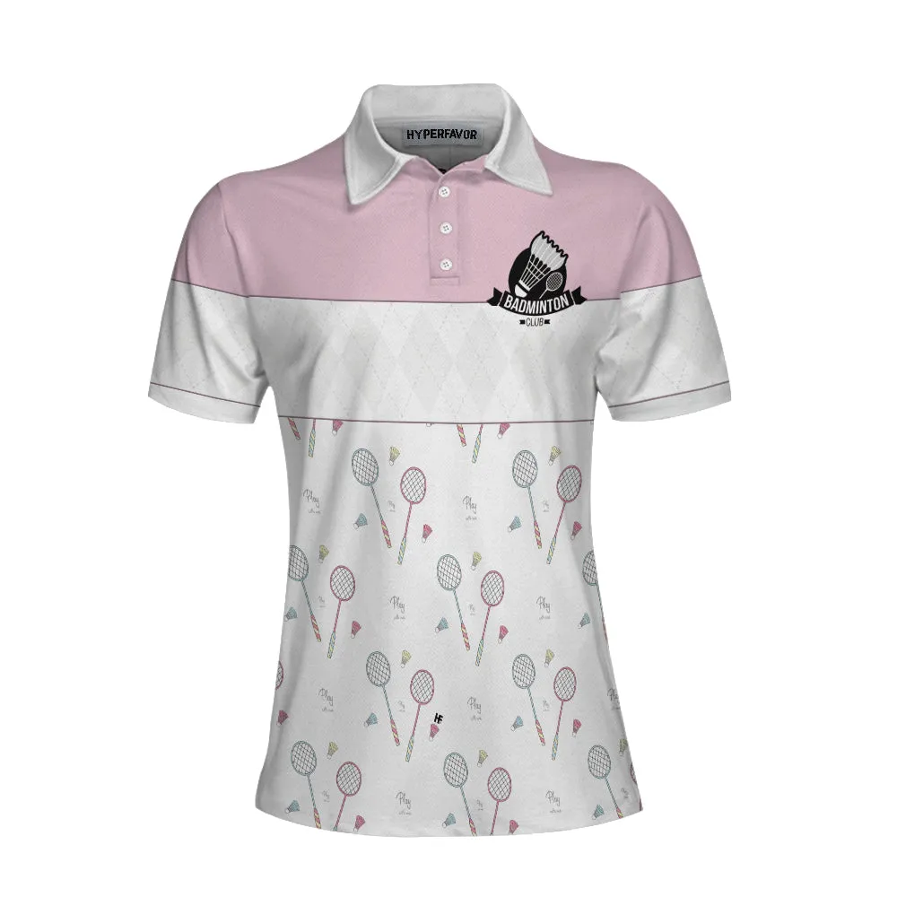 Play With Me Badminton Short Sleeve Women Polo Shirt, White And Pink Badminton Shirt For Women Coolspod