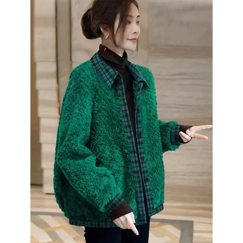 Plush Thickened Lamb Patchwork Granular Fluff Plaid Teddy Coat