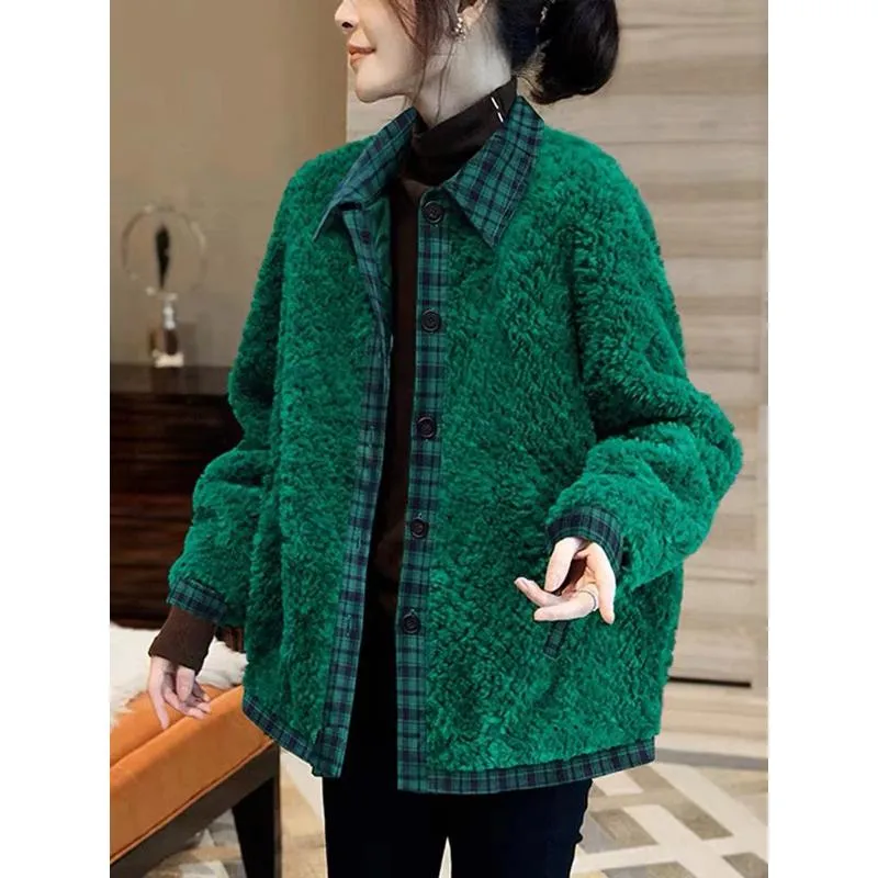 Plush Thickened Lamb Patchwork Granular Fluff Plaid Teddy Coat