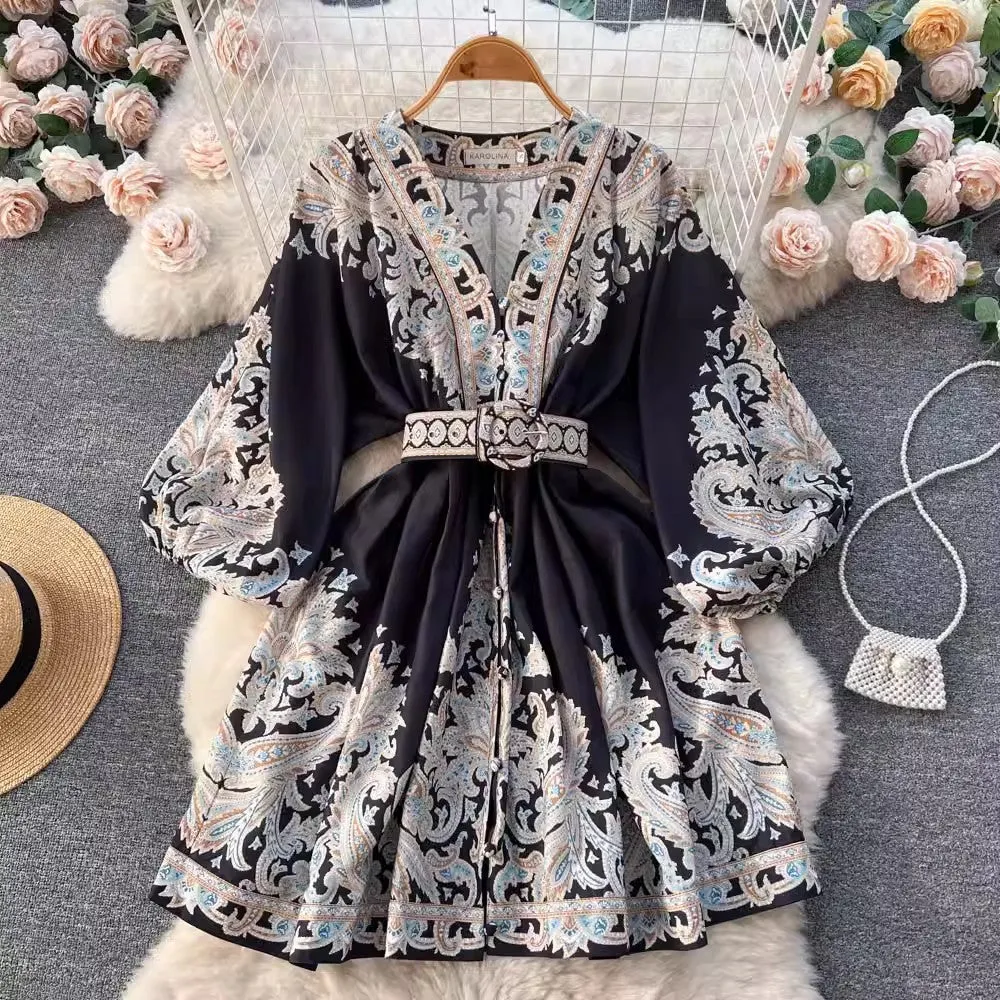 printed V-neck lantern sleeve mid-length dress trendy    S4553