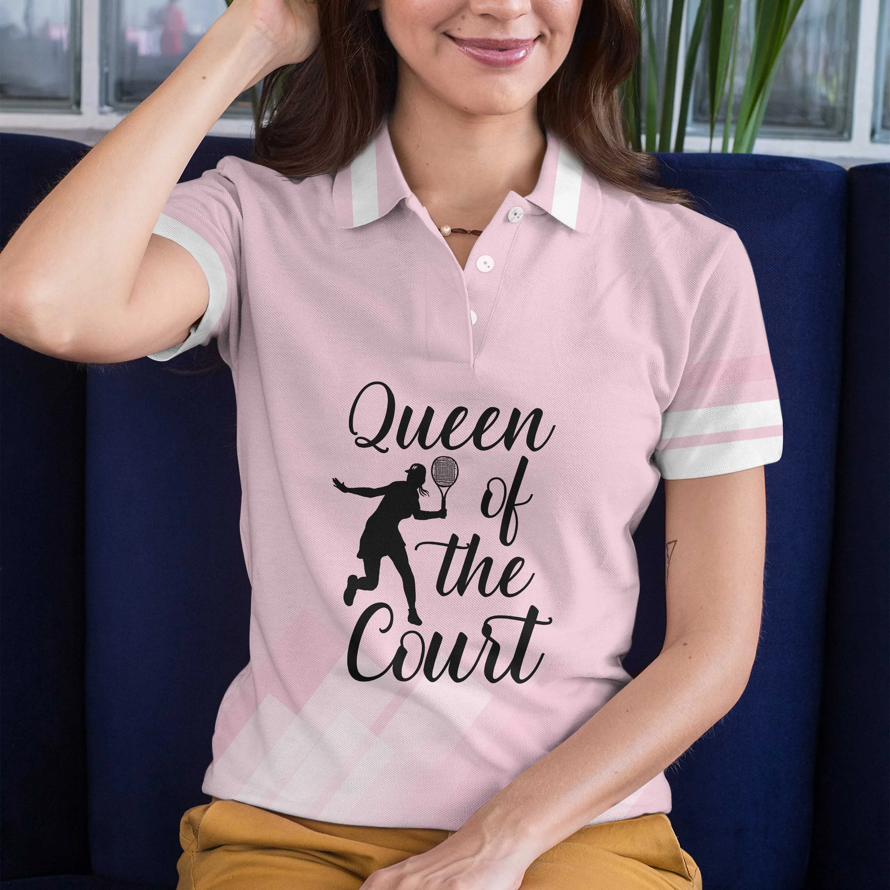 Queen Of The Court Pink Short Sleeve Women Polo Shirt, Cool Tennis Shirt For Ladies Coolspod