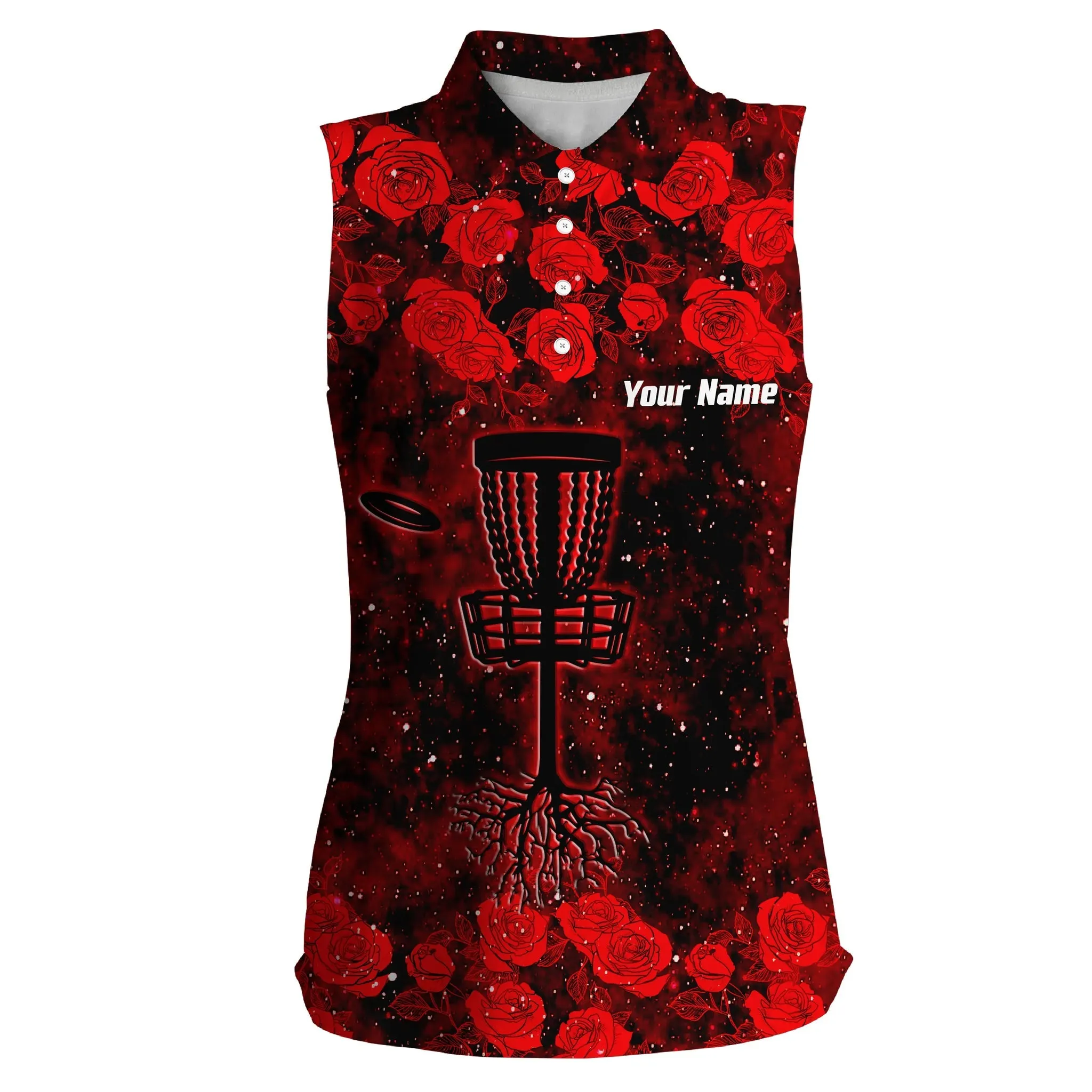 Red Roses Pattern Disc Golf Basket Women Polo Shirts Custom Name Disc Golf Polo Shirts For Women