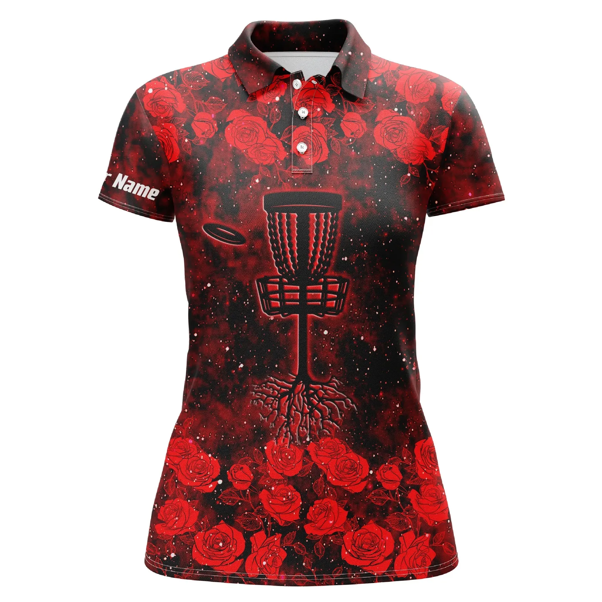 Red Roses Pattern Disc Golf Basket Women Polo Shirts Custom Name Disc Golf Polo Shirts For Women