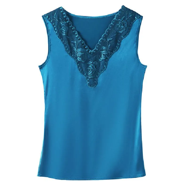 Satin Finish V-Neck Top Plus Sleeveless Lace Tank Top