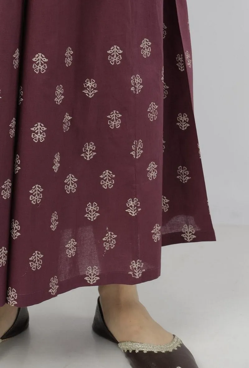 Set of 3: Iya Purple Hand-Block Printed Cotton Slip with Hand-Block Printed Cotton Palazzo and Plain Purple Kota Dupatta