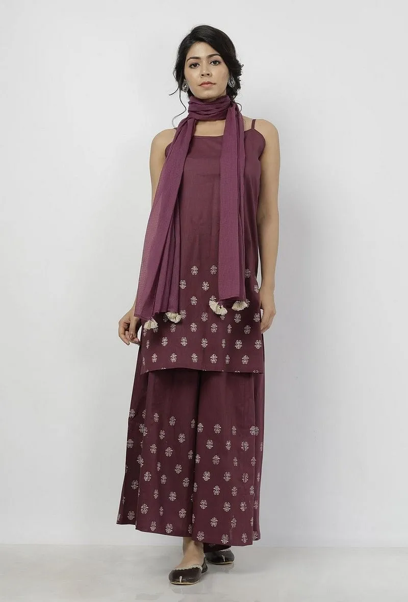 Set of 3: Iya Purple Hand-Block Printed Cotton Slip with Hand-Block Printed Cotton Palazzo and Plain Purple Kota Dupatta