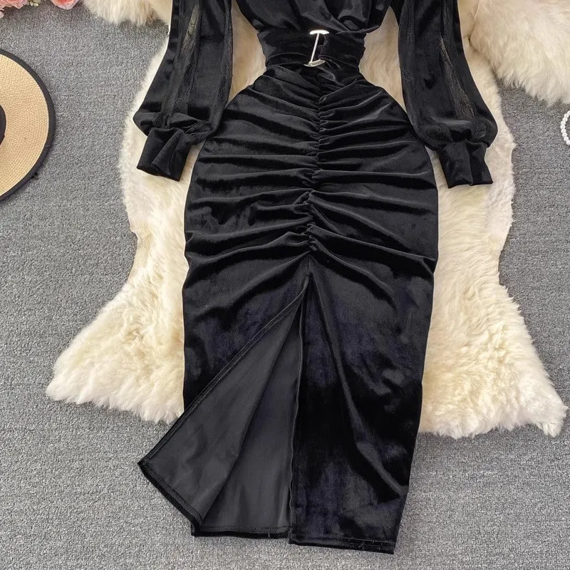 Sexy Cross V-neck Pleated Velvet Slit Dress      S3994