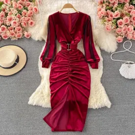 Sexy Cross V-neck Pleated Velvet Slit Dress      S3994