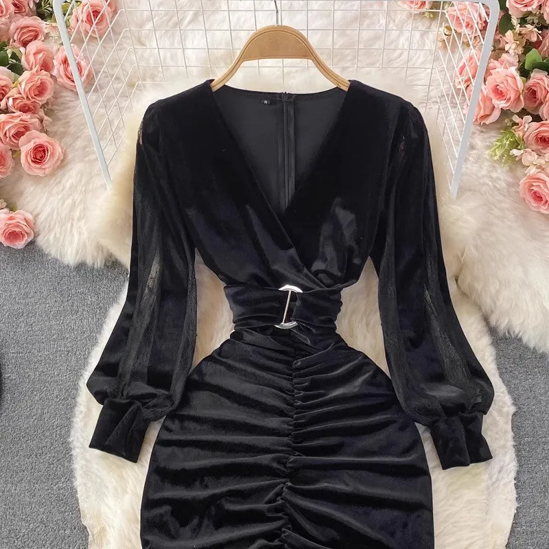 Sexy Cross V-neck Pleated Velvet Slit Dress      S3994