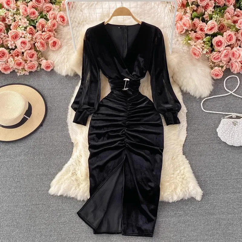 Sexy Cross V-neck Pleated Velvet Slit Dress      S3994