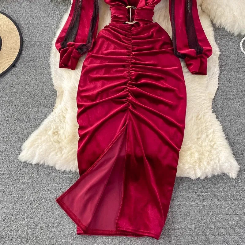 Sexy Cross V-neck Pleated Velvet Slit Dress      S3994