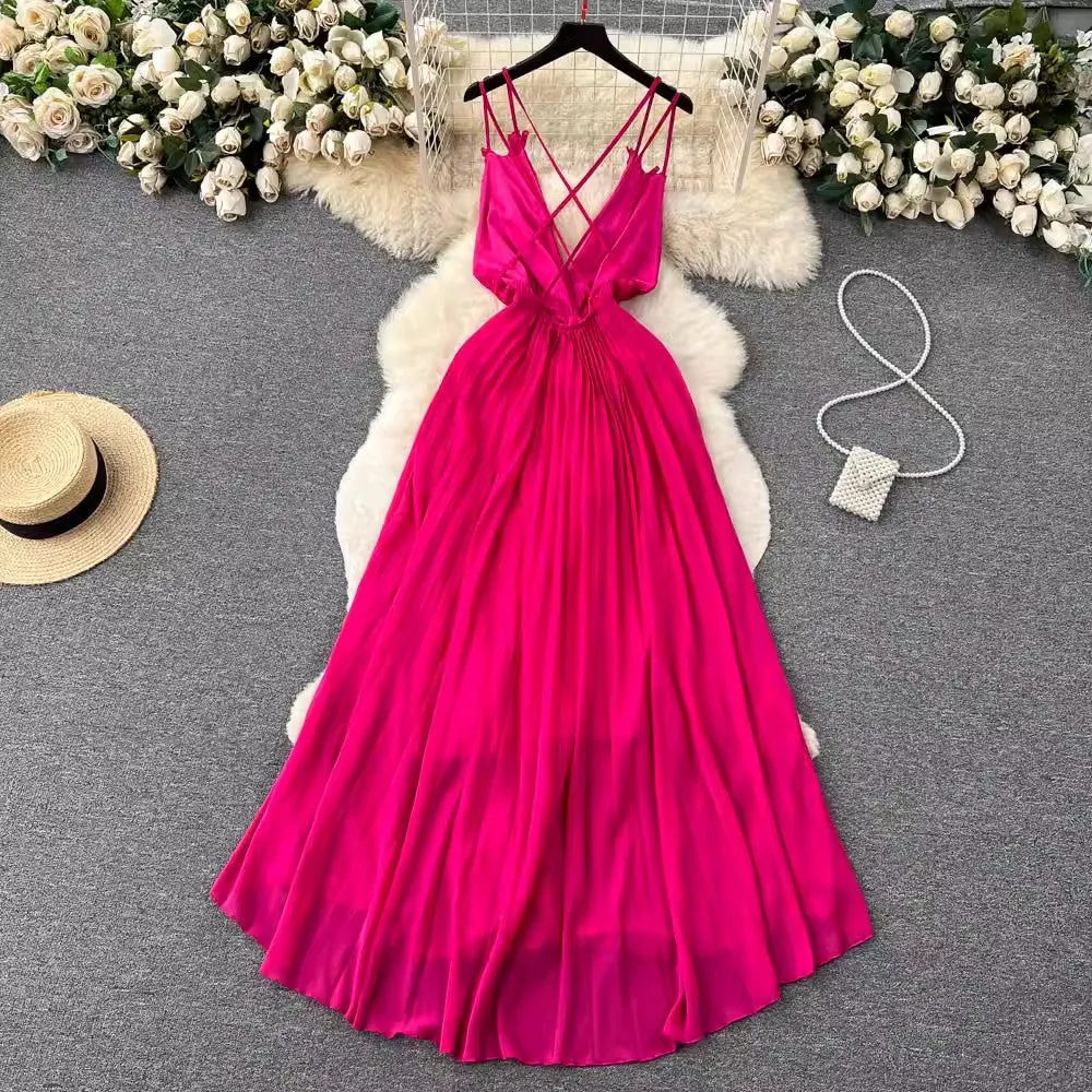 Sexy dress for women pleated deep v-neck backless design suspender long skirt       S4590