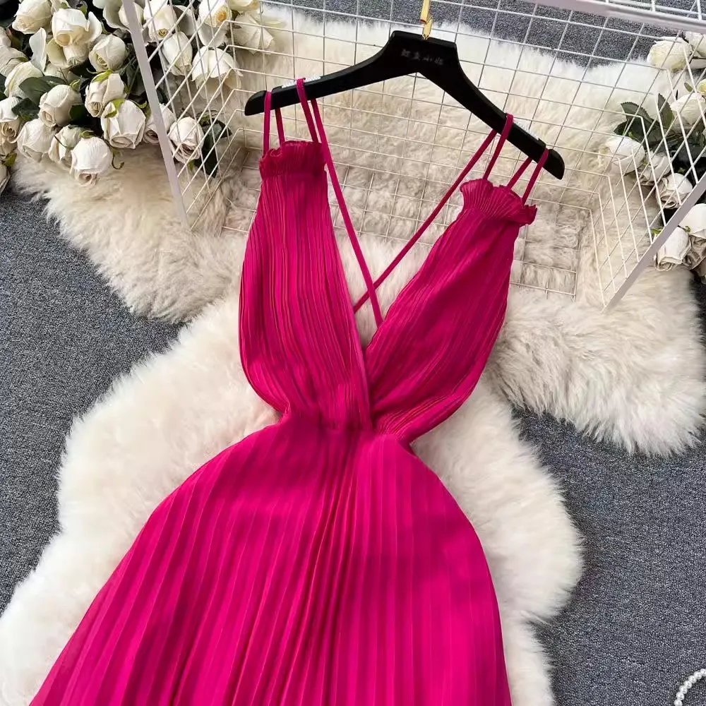 Sexy dress for women pleated deep v-neck backless design suspender long skirt       S4590