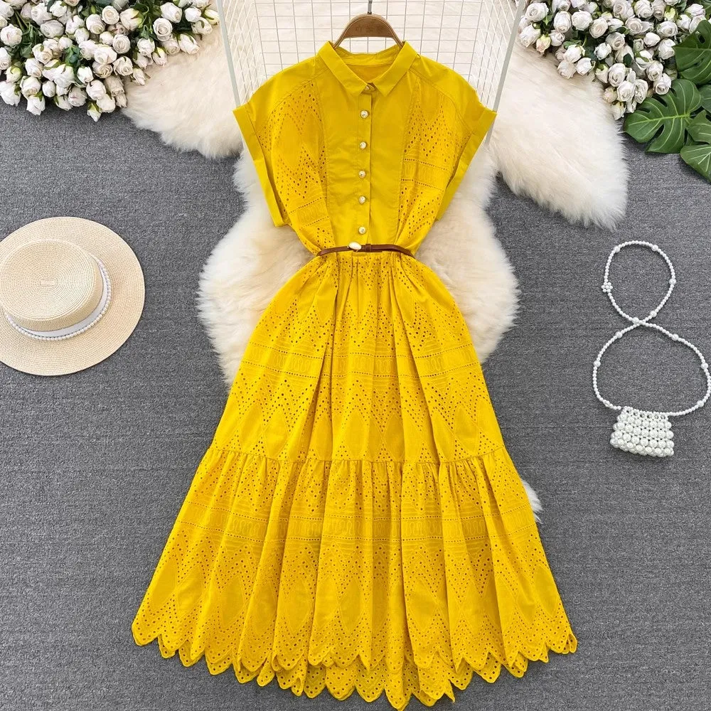 short-sleeved A-line embroidered dress elegant long skirt     S4284