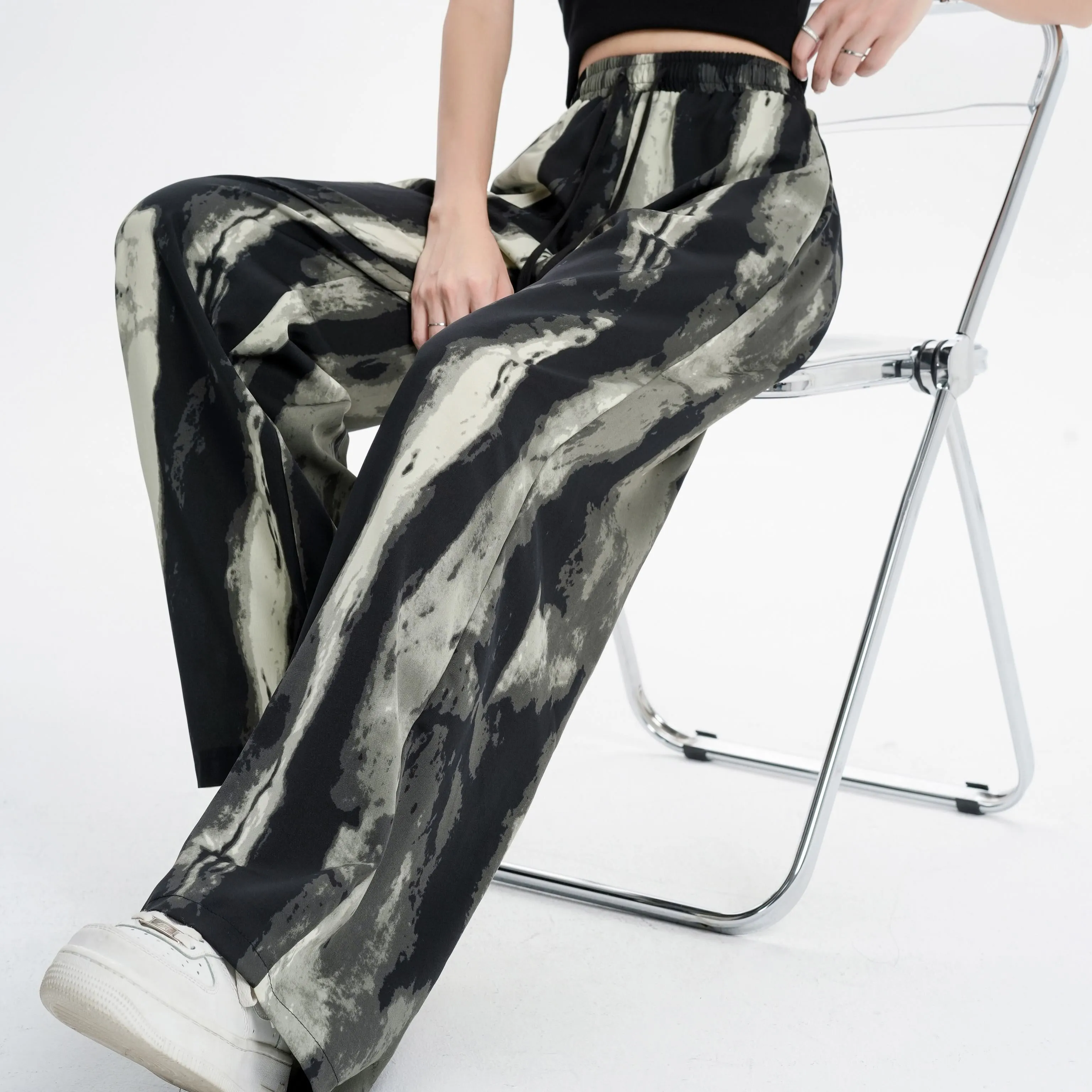 Silky Slimming High-Waisted Draping Ink Wash Painting Straight Leg Thin Tie-Dye Pants