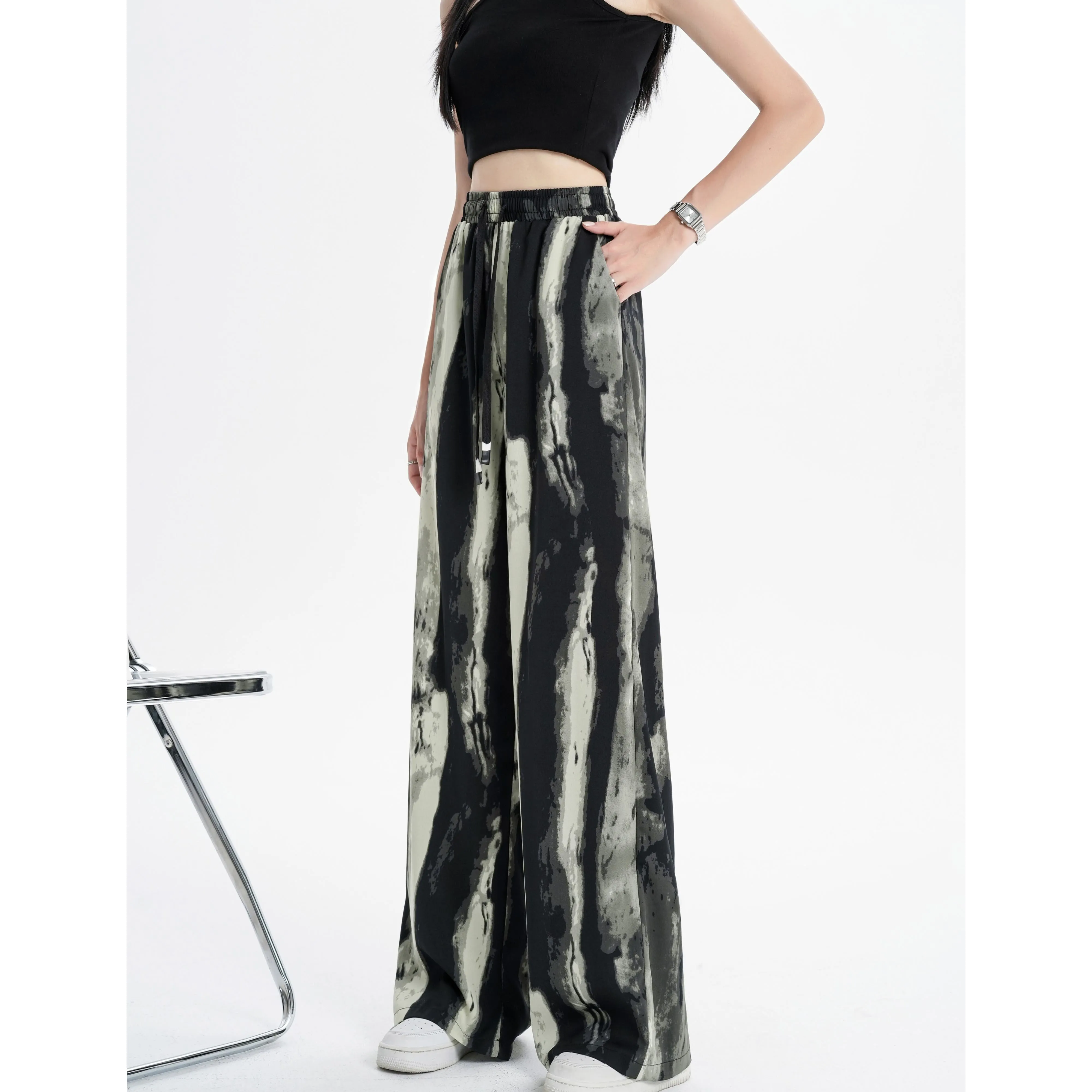 Silky Slimming High-Waisted Draping Ink Wash Painting Straight Leg Thin Tie-Dye Pants