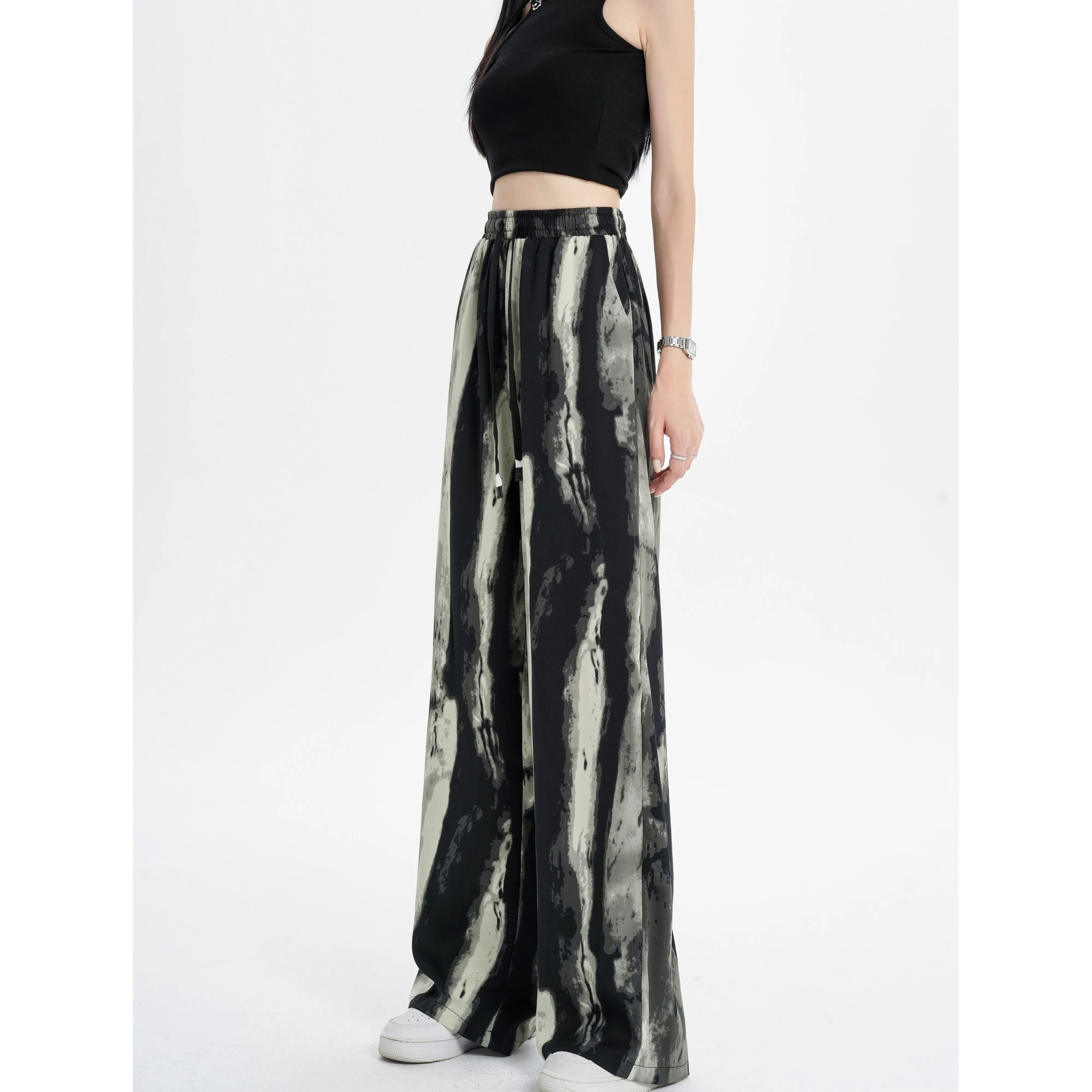 Silky Slimming High-Waisted Draping Ink Wash Painting Straight Leg Thin Tie-Dye Pants